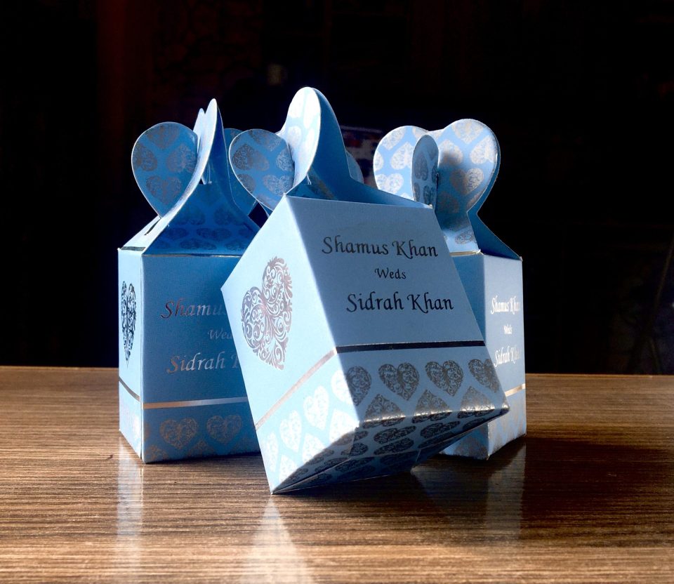 Personalised Blue & Silver Wedding Favour Boxes — photo 1